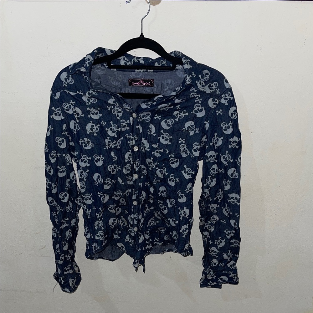 Blue Skull Patterned Button Down - Picture 3 of 3